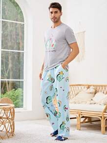 Men 1pc Cartoon Graphic Tee & 1pc Trousers PJ Set - Multicolor - View 4
