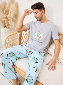 Men 1pc Cartoon Graphic Tee & 1pc Trousers PJ Set - Multicolor - View 5