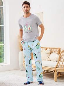 Men 1pc Cartoon Graphic Tee & 1pc Trousers PJ Set - Multicolor - View 7