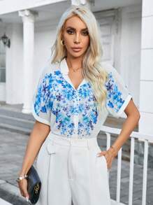 SHEIN Essnce Floral Print Batwing Sleeve Blouse - Blue - View 1