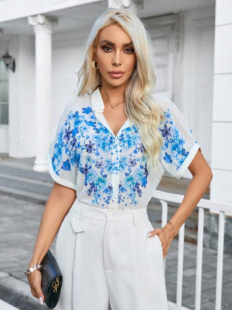 SHEIN Essnce In hoa tay cánh Áo sơ mi - Màu xanh lam - Xem 1