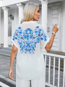 SHEIN Essnce Floral Print Batwing Sleeve Blouse - Blue - View 2