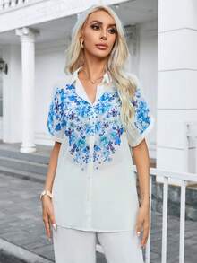 SHEIN Essnce Floral Print Batwing Sleeve Blouse - Blue - View 3