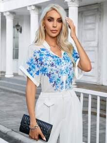 SHEIN Essnce Floral Print Batwing Sleeve Blouse - Blue - View 5