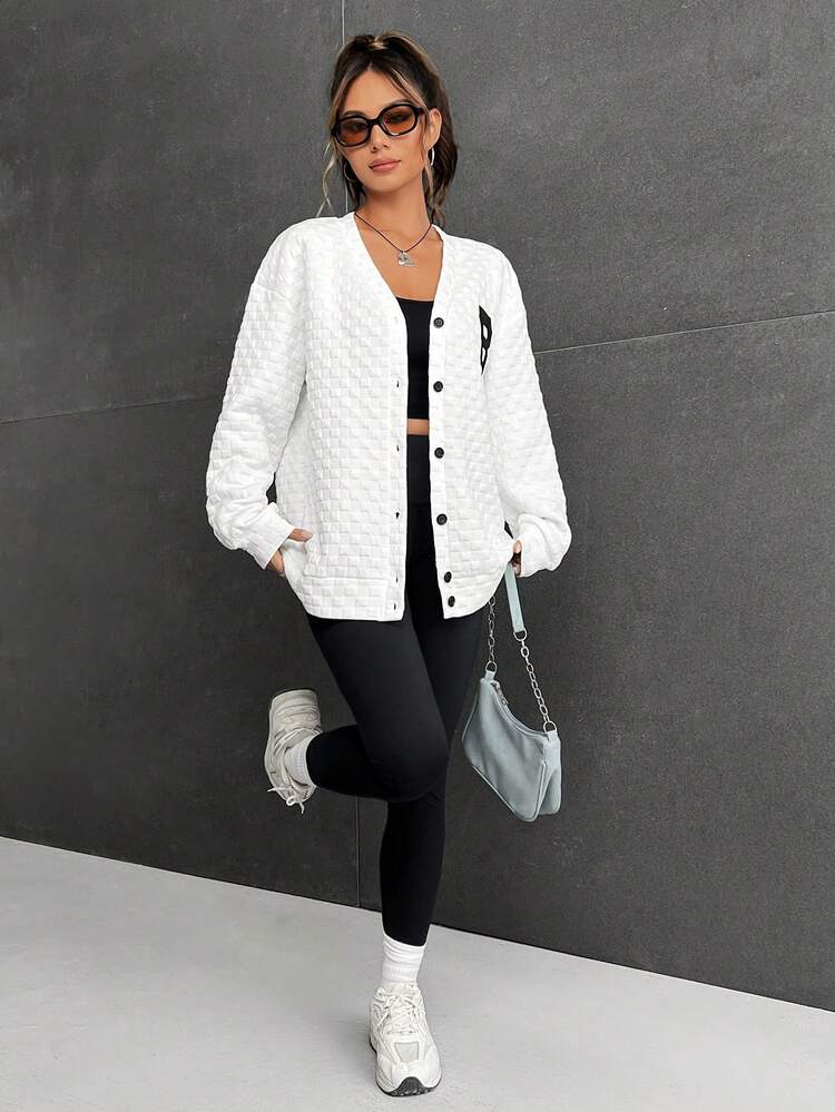 SHEIN X Galloways Áo khoác nữ Nút phía trước Lá thư Giải trí - trắng - Xem 5