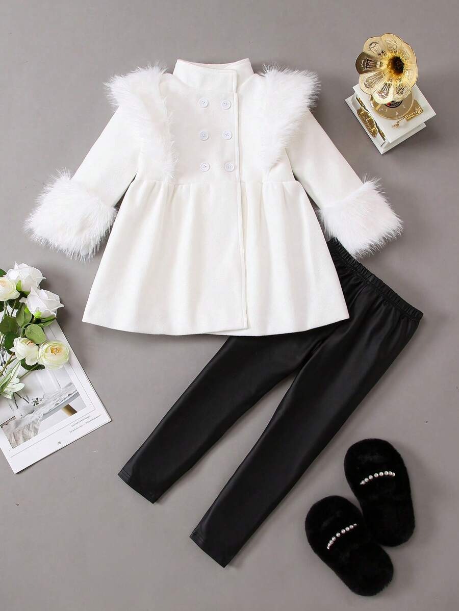 SHEIN Kleines Mädchen flaumig Besatz Top mit Schößchen, & Leggings mit