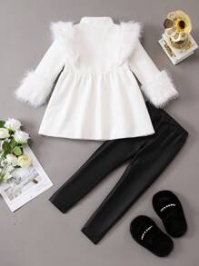 SHEIN Kleines Mädchen flaumig Besatz Top mit Schößchen, & Leggings mit