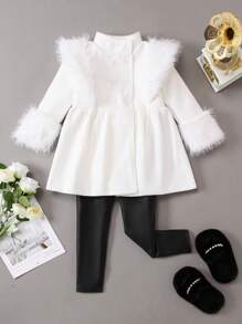 SHEIN Kleines Mädchen flaumig Besatz Top mit Schößchen, & Leggings mit