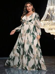 Plus Size Women Lantern Sleeve Sweetheart Neck Elegant Random All-Over Print Long Sleeve Ruched Hem Slit Hem Minimalist Long Soft Casual Dress - Beige - View 4