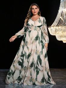 Plus Size Women Lantern Sleeve Sweetheart Neck Elegant Random All-Over Print Long Sleeve Ruched Hem Slit Hem Minimalist Long Soft Casual Dress - Beige - View 5