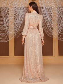 YISIKADO Mock Neck Lantern Sleeve Sequin Formal Dress Elegant Long Sleeve Prom Evening Wedding Guest Gown, For Graduation, Dinner Party Dress