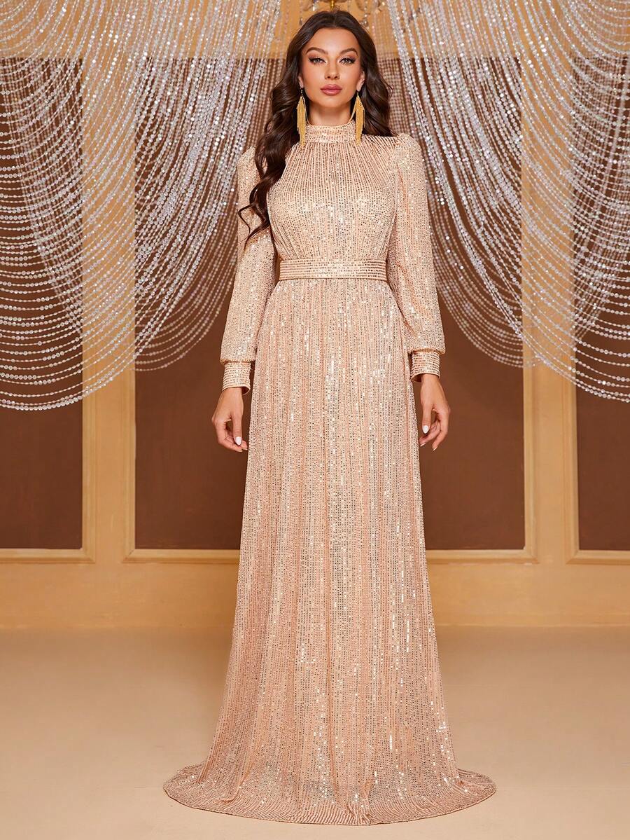 YISIKADO Mock Neck Lantern Sleeve Sequin Formal Dress Elegant Long Sleeve Prom Evening Wedding Guest Gown, For Graduation, Dinner Party Dress Spring Fall