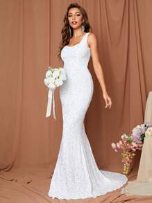 LOVE&LEMONADE Mermaid Hem Sequin Wedding Dress White Elegant Bridal Dress - White - View 1