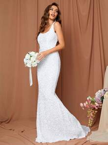 LOVE&LEMONADE Mermaid Hem Sequin Wedding Dress White Elegant Bridal Dress - White - View 3