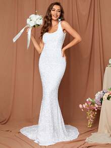 LOVE&LEMONADE Mermaid Hem Sequin Wedding Dress White Elegant Bridal Dress - White - View 4