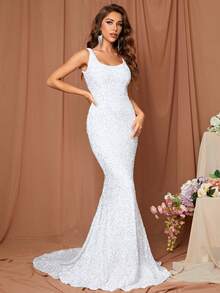 LOVE&LEMONADE Mermaid Hem Sequin Wedding Dress White Elegant Bridal Dress - White - View 5