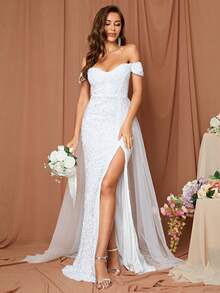 LOVE&LEMONADE 一字肩高衩亮片婚紗連衣裙