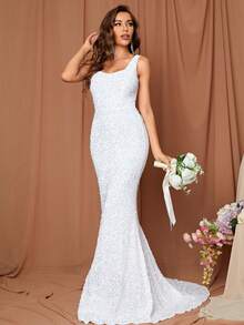 LOVE&LEMONADE Mermaid Hem Sequin Wedding Dress White Elegant Bridal Dress - White - View 6