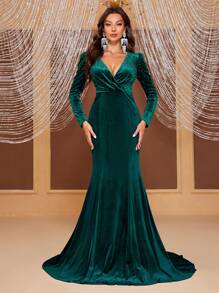 YISIKADO Surplice Neck Velvet Party Dress - Dark Green - View 1
