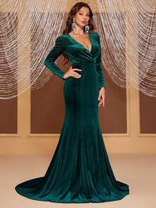 YISIKADO Surplice Neck Velvet Party Dress - Dark Green - View 4