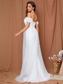 LOVE&LEMONADE Off Shoulder Contrast Mesh Mermaid Hem Sequin Wedding Dress - White - View 2