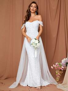 LOVE&LEMONADE Off Shoulder Contrast Mesh Mermaid Hem Sequin Wedding Dress - White - View 3