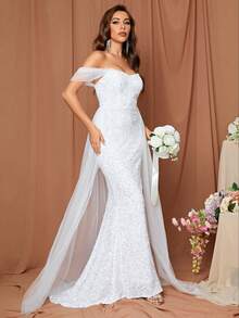 LOVE&LEMONADE Off Shoulder Contrast Mesh Mermaid Hem Sequin Wedding Dress - White - View 4