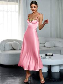 Glamaker Floral Embroidery Appliques Detail Cami Dress - Pink - View 4