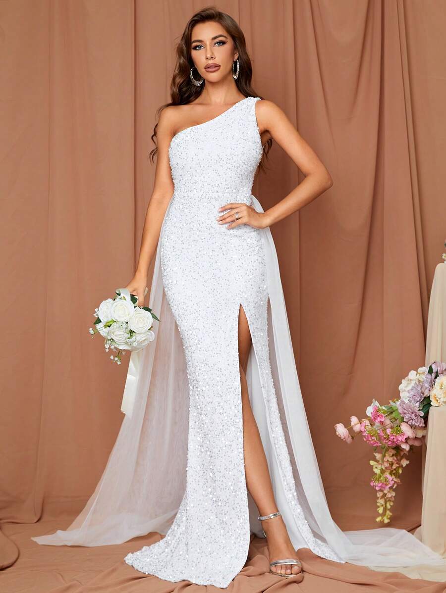 LOVE&LEMONADE One Shoulder Split Thigh Sequin Wedding Dress - White - View 1