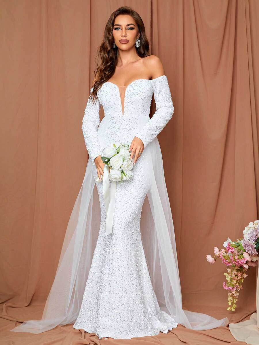 LOVE&LEMONADE Váy cưới Tương phản Mesh cắt Dây kéo màu trơn - trắng - Xem 1