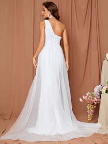 LOVE&LEMONADE One Shoulder Split Thigh Sequin Wedding Dress - White - View 2