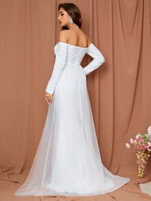 LOVE&LEMONADE Váy cưới Tương phản Mesh cắt Dây kéo màu trơn - trắng - Xem 2