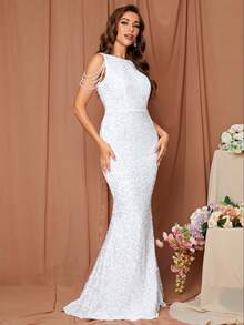 LOVE&LEMONADE 串珠細節亮片魚尾裙下擺婚紗洋裝 - 白色 - 查看 4