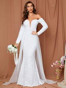 LOVE&LEMONADE Váy cưới Tương phản Mesh cắt Dây kéo màu trơn - trắng - Xem 3