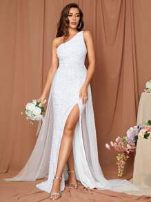 LOVE&LEMONADE One Shoulder Split Thigh Sequin Wedding Dress - White - View 4