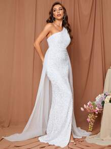 LOVE&LEMONADE One Shoulder Split Thigh Sequin Wedding Dress - White - View 5