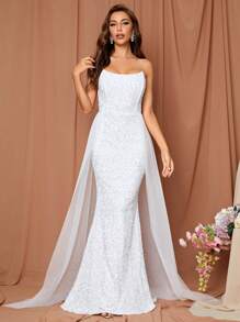 LOVE&LEMONADE Contrast Mesh Mermaid Hem Sequin Tube Wedding Dress - White - View 1