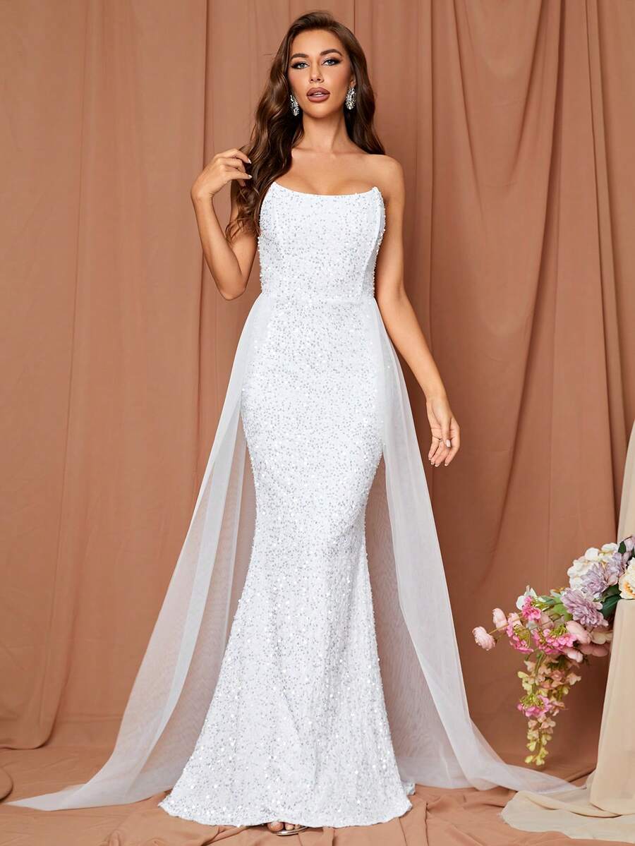 LOVE&LEMONADE Contrast Mesh Mermaid Hem Sequin Tube Wedding Dress - White - View 1