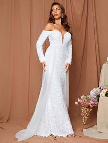 LOVE&LEMONADE Váy cưới Tương phản Mesh cắt Dây kéo màu trơn - trắng - Xem 4