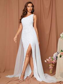 LOVE&LEMONADE One Shoulder Split Thigh Sequin Wedding Dress - White - View 6