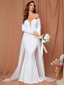 LOVE&LEMONADE Váy cưới Tương phản Mesh cắt Dây kéo màu trơn - trắng - Xem 5