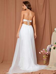 LOVE&LEMONADE Contrast Mesh Mermaid Hem Sequin Tube Wedding Dress - White - View 2