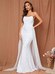 LOVE&LEMONADE Contrast Mesh Mermaid Hem Sequin Tube Wedding Dress - White - View 3