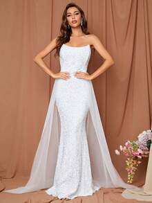 LOVE&LEMONADE Contrast Mesh Mermaid Hem Sequin Tube Wedding Dress - White - View 4