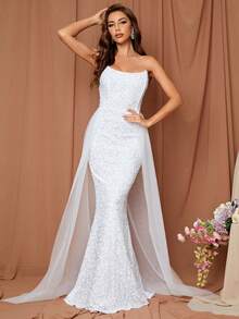 LOVE&LEMONADE Contrast Mesh Mermaid Hem Sequin Tube Wedding Dress - White - View 5