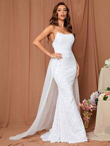 LOVE&LEMONADE Contrast Mesh Mermaid Hem Sequin Tube Wedding Dress - White - View 6