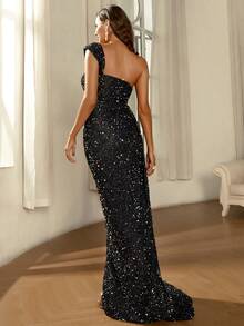 Missord One Shoulder Split Thigh Sequin Formal Dress - Black - View 3