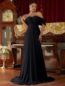 Missord Vestido formal con hombros descubiertos, busto fruncido, volantes en el borde, elegante para graduación, cena o boda como invitada, color negro - Negro - Ver 1