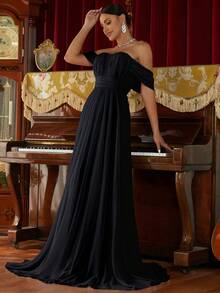 Missord Vestido formal con hombros descubiertos, busto fruncido, volantes en el borde, elegante para graduación, cena o boda como invitada, color negro - Negro - Ver 4