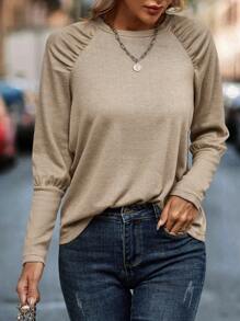 SHEIN LUNE Camiseta unicolor de manga raglán - Camel - Ver 1